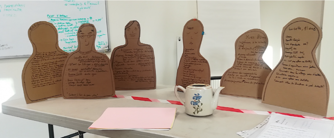 Utilisation d'outils de design de service (personae en carton) pour modéliser les besoins des seniors et de leurs aidants. Silhouettes en carton découpées représentant des fiches personnages (personae) écrites à la main autour d'une théière lors d'un atelier de design de service.